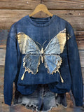 Women's Retro Frayed Butterfly Graphic Print Casual Sweatshirt