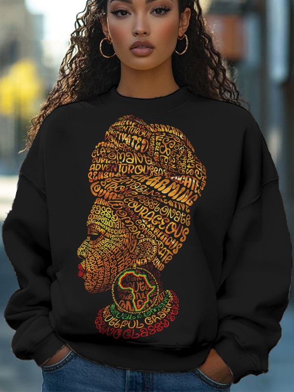 Women's African Map Letters Abstract Woman Portrait Art Print Casual Sweatshirt
