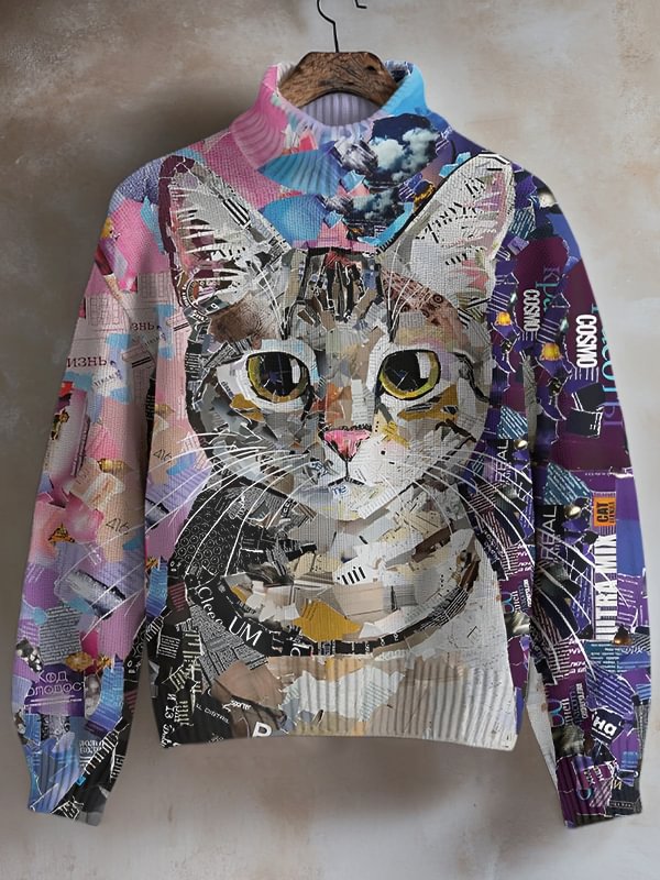 Women's Cat Poster Collage Art Print High Neck Knit Sweatshirt