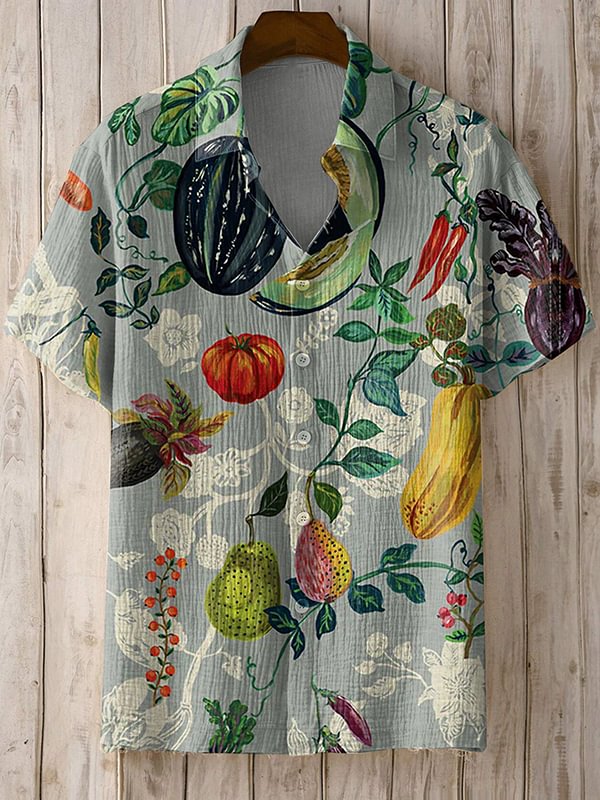 Men's Retro Fruit Boho Pattern Art Print Short Sleeve Linen Blend Shirt