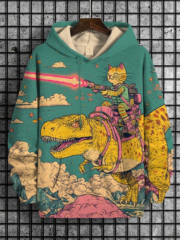 Men's Cat And Dinosaur Fantasy Art Print Hooded Sweatshirt