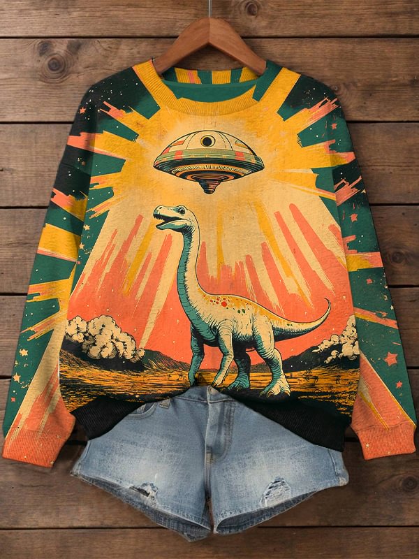 Women's Dinosaur and UFO Surreal Art Print Cozy Sweatshirt