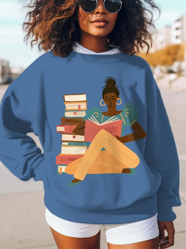 Women's Girl Reading Print Cotton Long Sleeve T-Shirt Thin Sweatshirt