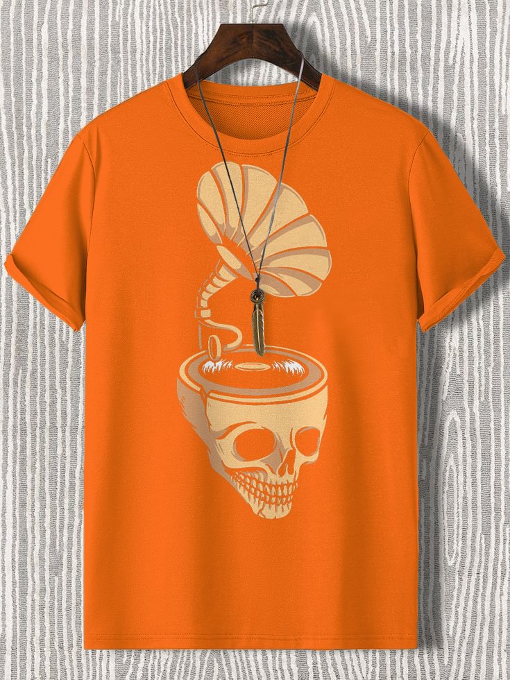 Men's Halloween Skull Phonograph Graphic Print Cotton Casual T-Shirt