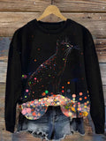 Women's Colorful Sequin Pattern Cat Print Cozy Sweatshirt