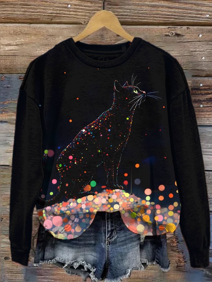 Women's Colorful Sequin Pattern Cat Print Cozy Sweatshirt