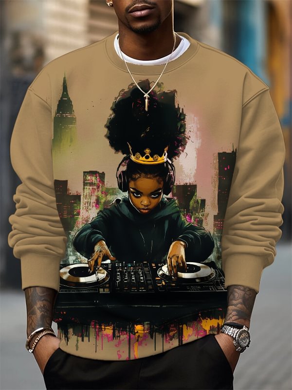 Men's Black Queen DJ Girl Music Lover Art Print Casual Sweatshirt