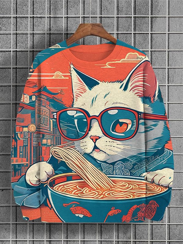 Men's Cat Wearing Sunglasses Eating Noodles Japanese Art Print Casual Sweatshirt