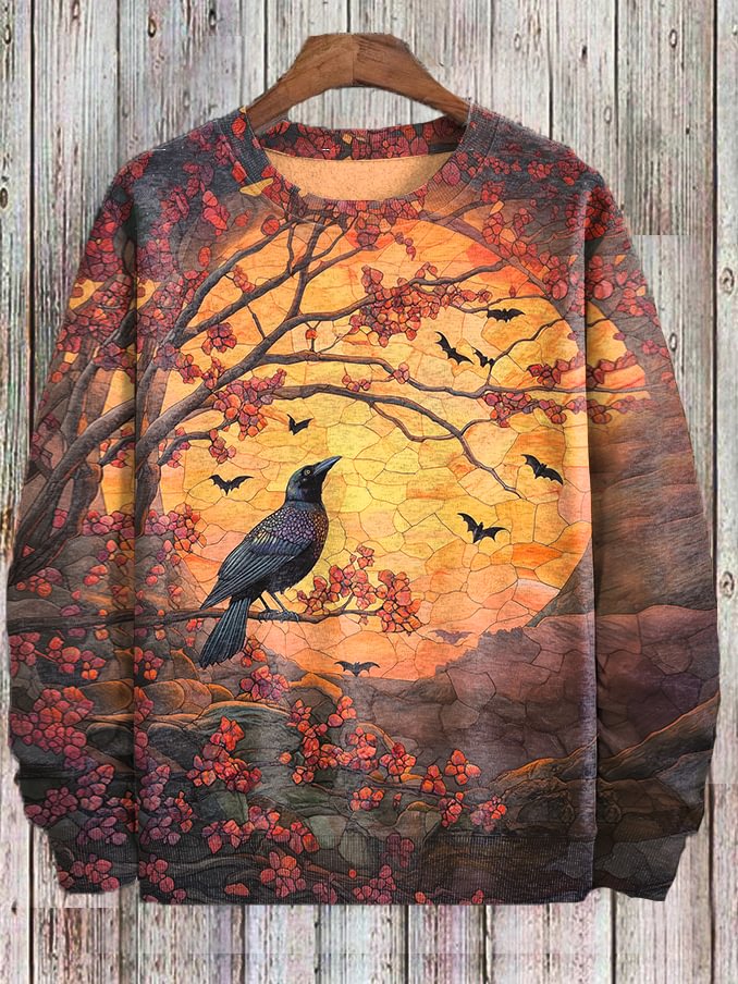 Men's Halloween Vibe Stained Glass Fantasy Raven Print Casual Sweatshirt