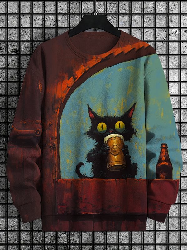 Men's Creepy Cat Drinking Beer Oil Painting Print Casual Sweatshirt