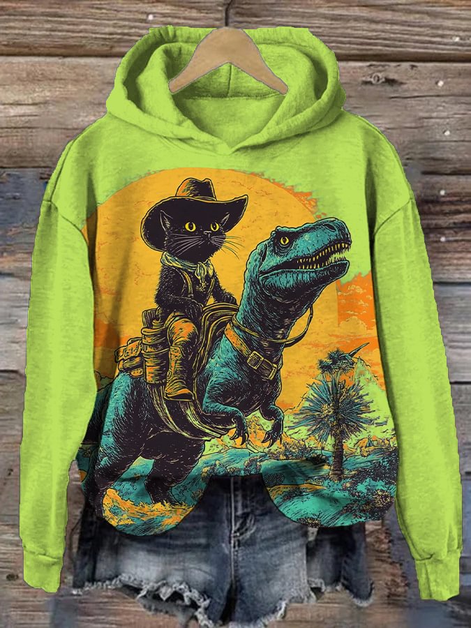Women's The Fantasy Journey Of Cowboy Black Cat And Dinosaur Print Hooded Sweatshirt