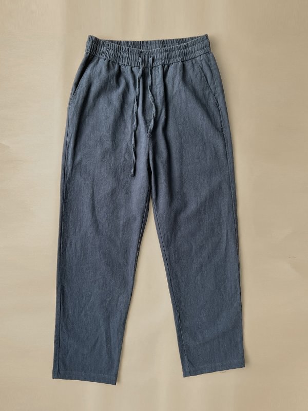 Men's Casual Solid Slant Pocket Elastic Waist Drawstring Straight-Leg Cotton Pants