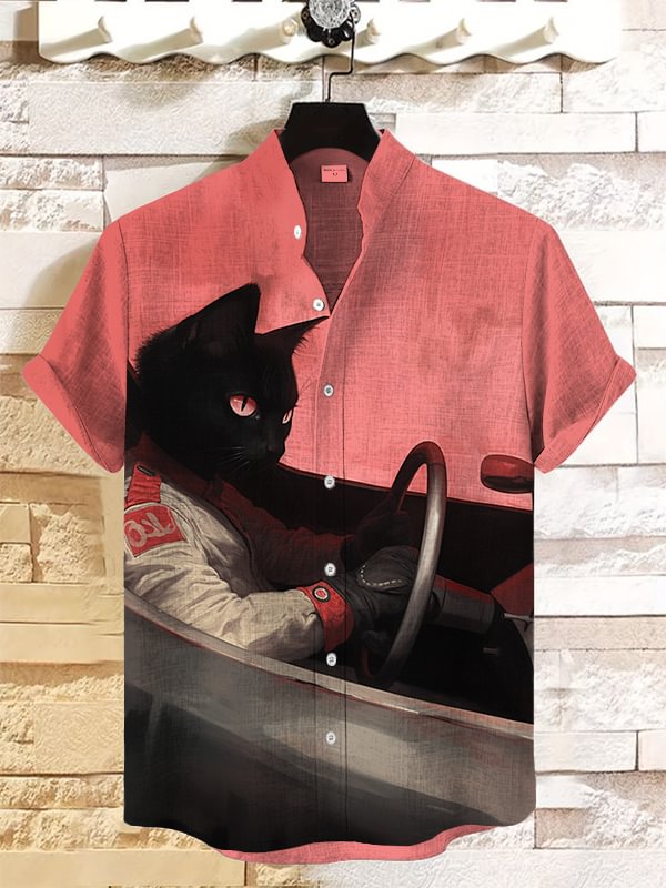 Men's Cool Black Cat Racer Art Print Casual Shirt