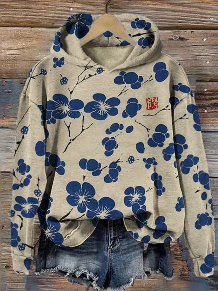 Women's Vintage Cherry Blossoms Graphic Print Hooded Sweatshirt