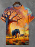 Men's Elephant African Landscape Oil Painting Print Casual T-Shirt