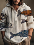 Men's Vintage Fish Graphic Print Hooded Shirt