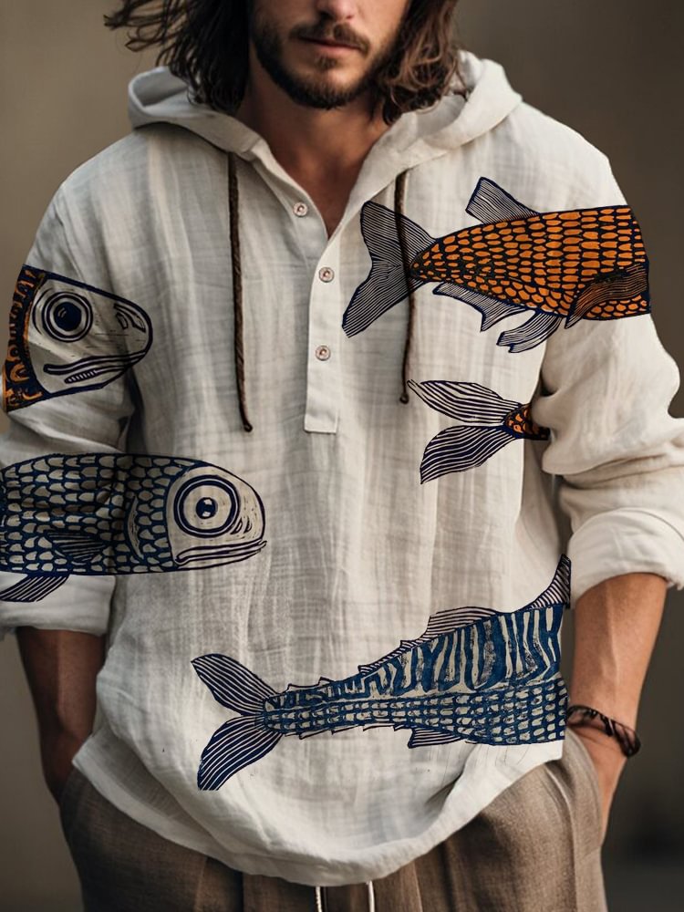 Men's Vintage Fish Graphic Print Hooded Shirt