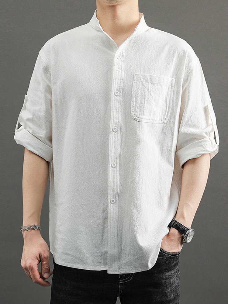 Men's Cotton And Linen Casual Stand-up Collar Roll Tab 3/4 Sleeve Shirt