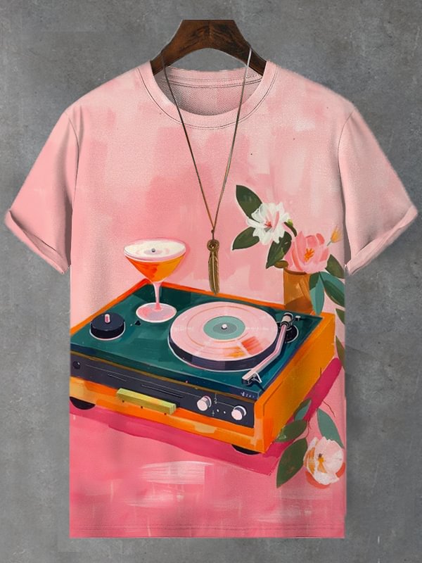 Men's Lazy Record Wine Contrasting Oil Painting Art Print Casual T-Shirt