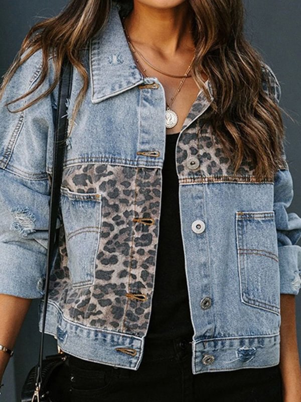 Women's Leopard Print Stitching Ripped Denim Jacket