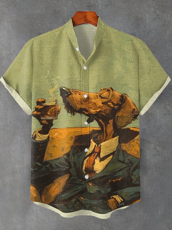 Men's Retro Laid Back Dachshund Gentleman Drinking Whiskey Oil Painting Linen Blend Shirt
