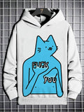 Men's Blue Cat Fuck You Graphic Print Casual Hoodie