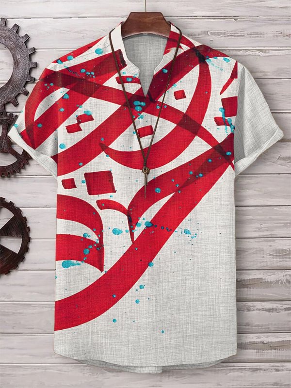 Men's Abstract Calligraphy Patterns Art Print Casual V Neck T-Shirt