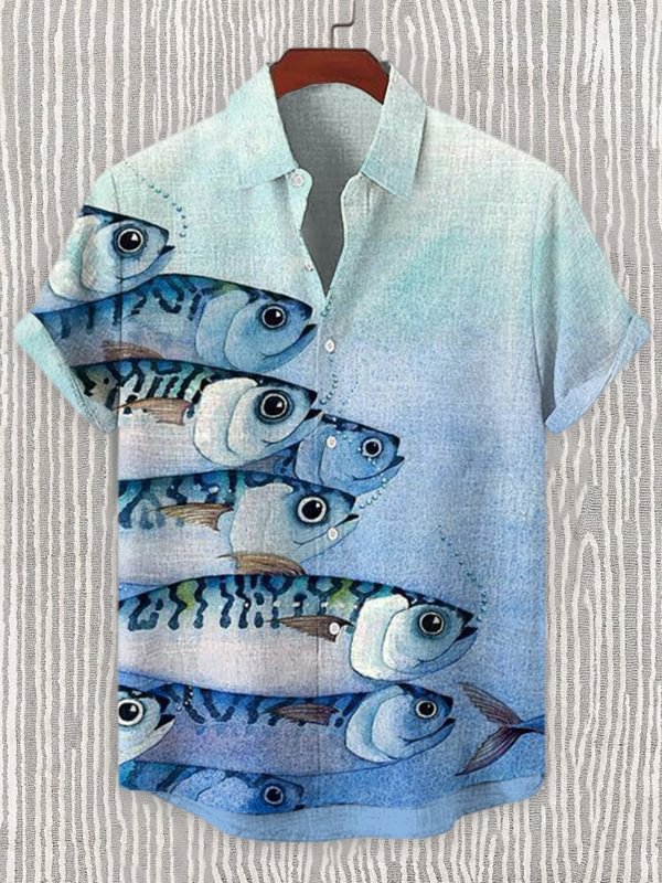 Men's School Of Fish Watercolor Art Print Linen Blend Shirt