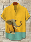 Men's Gentleman Suit Elephant Drinking Coffee Art Print Casual Shirt