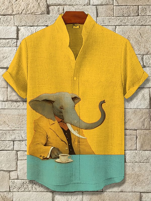 Men's Gentleman Suit Elephant Drinking Coffee Art Print Casual Shirt