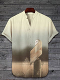 Men's Abstract Artistic Barn Owl Art Print Half Button Short Sleeve Shirt