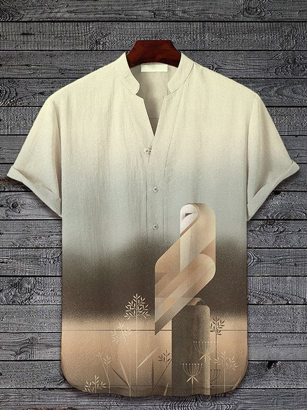 Men's Abstract Artistic Barn Owl Art Print Half Button Short Sleeve Shirt