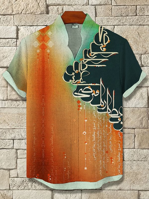 Men's Retro Calligraphy Color Block Art Print Casual Shirt