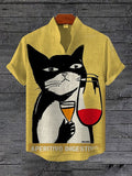Men's Bicolor Cat Drinking Cocktail Art Print Linen Blend Shirt
