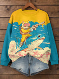 Women's Shark And Cat Fighting Together Color Block Art Print Casual Sweatshirt