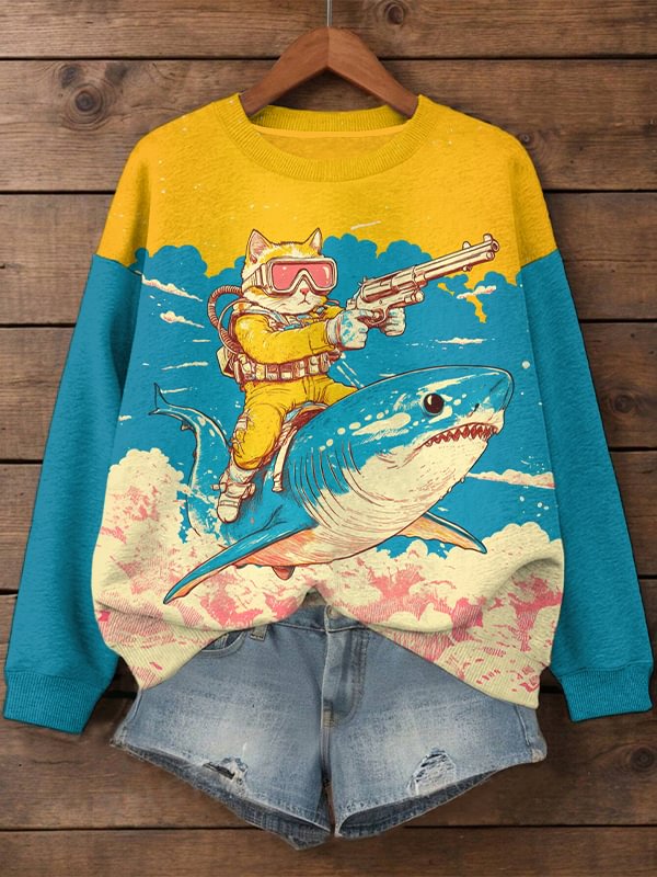 Women's Shark And Cat Fighting Together Color Block Art Print Casual Sweatshirt