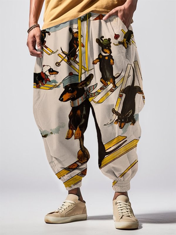 Men's Dachshund Skiing Art Print Loose Drawstring Waist Sweatpants