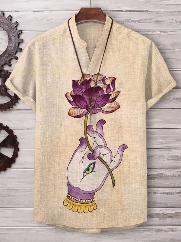 Men's Buddha Hand Holding Lotus Print Cotton And Linen V Neck T-Shirt