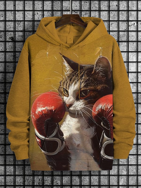 Men's Cat Boxer Print Casual Hoodie