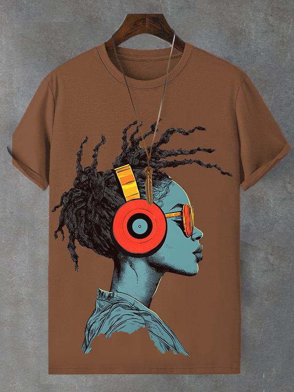 Men's Funny African Music Girl Print Cotton Casual T-Shirt