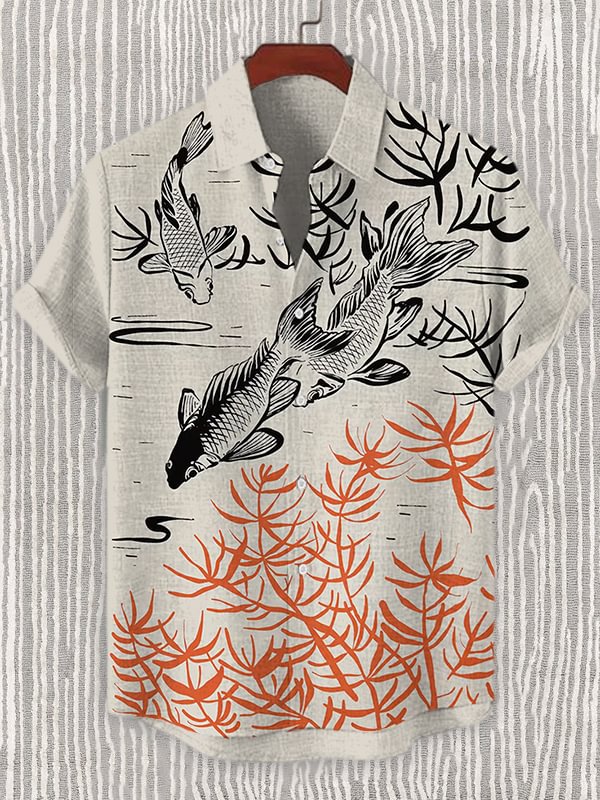 Men's Fish Japanese Art Printed Linen Blend Shirt