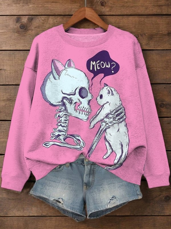 Women's Meow Cat and Skull Art Print Cozy Sweatshirt