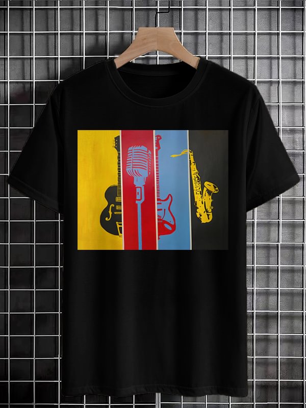 Men's Guitar Microphone Saxophone Color Block Print Cotton Casual T-Shirt