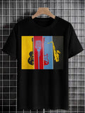 Men's Guitar Microphone Saxophone Color Block Print Cotton Casual T-Shirt