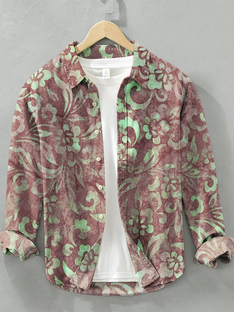 Men's Batik Floral Art Print Long Sleeve Shirt
