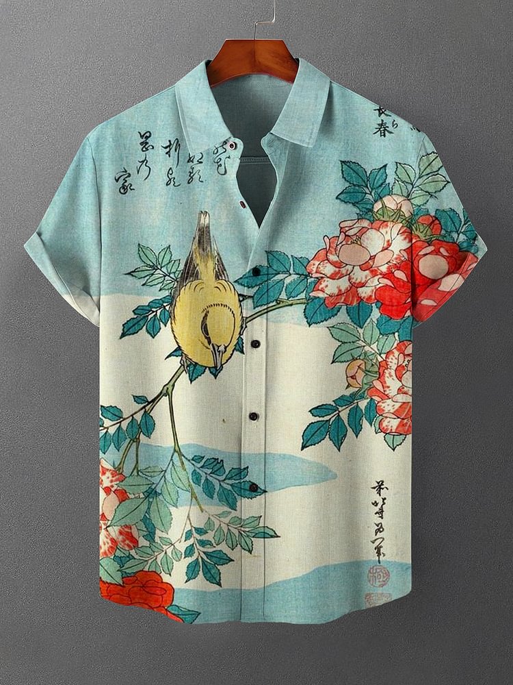 Men's Bird Branches Leaves Flower Art Print Casual Shirt