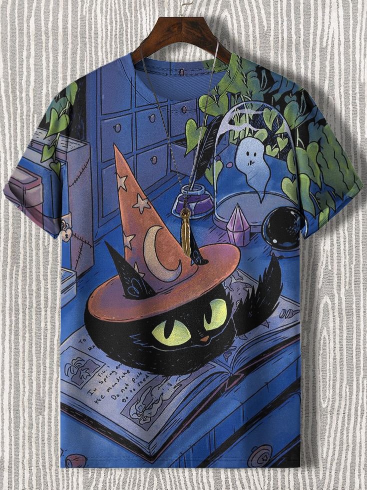 Men's Ghost Black Cat Halloween Print Casual T-Shirt