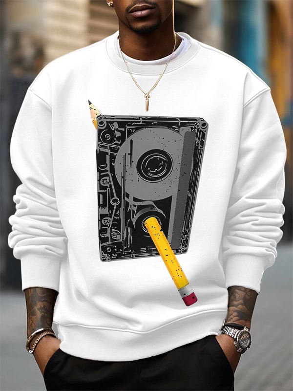 Men's Cassette Tape And Pencil Retro Art Print Cotton Casual Sweatshirt