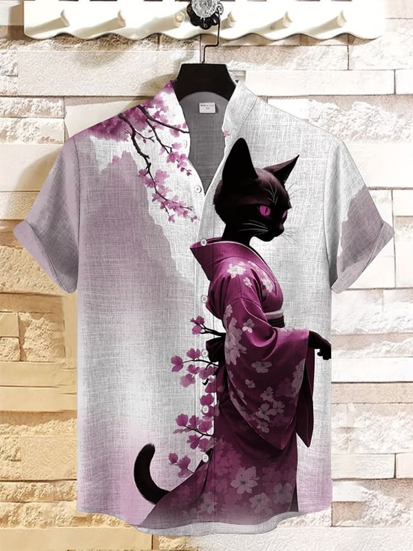 Men's Elegant Sakura Kimono Cat Art Print Linen Blend Casual Shirt