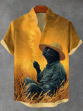 Men's Farm Melancholy Smoking Black Cat Art Print Shirt
